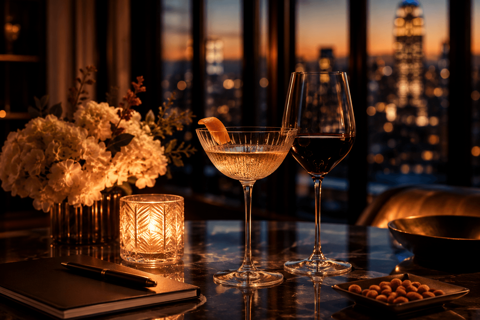 Cocktails on a marble table with a city skyline at dusk in the background
