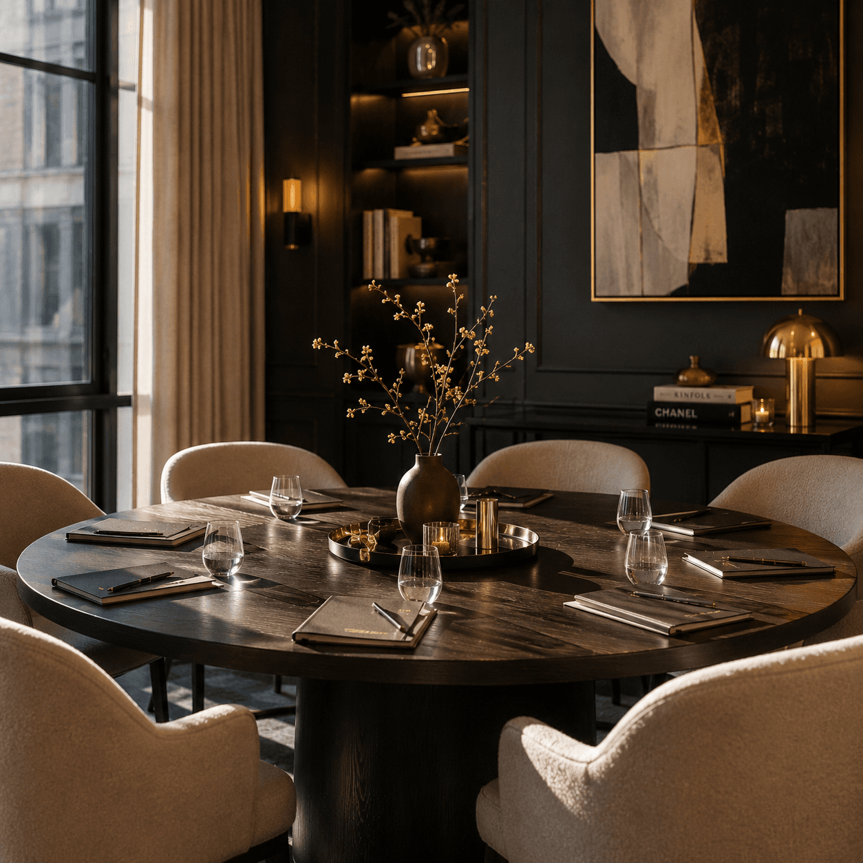 A round table set for a small private gathering in a moody dining room